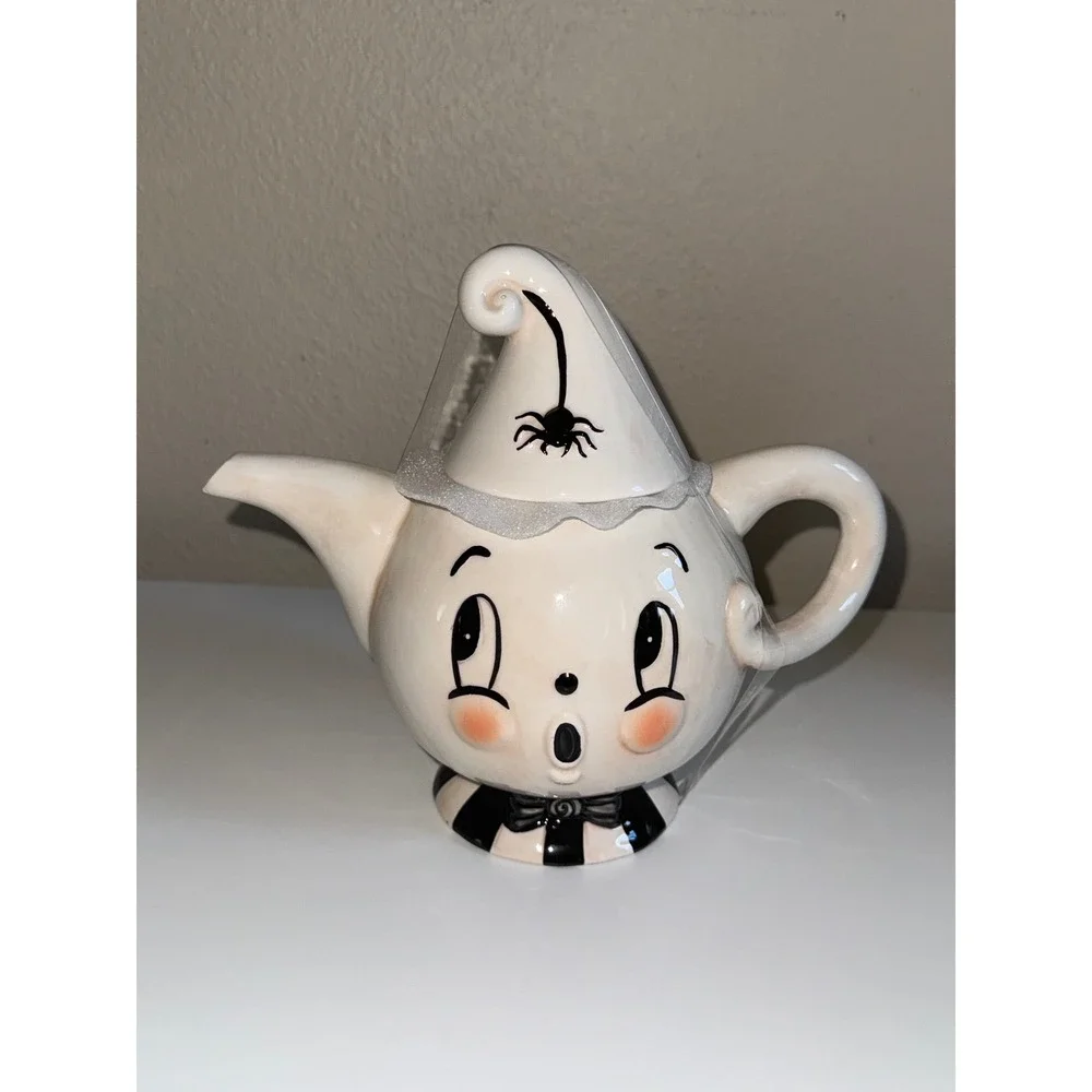 Johanna Parker Carnival Cottage Ghost Teapot Halloween Ceramic Decor White Black